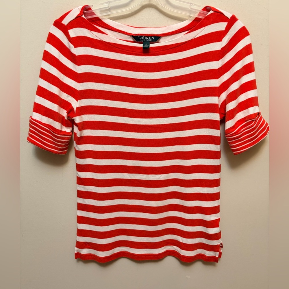 LAUREN RALPH LAUREN Red and White Striped Boatneck 1/2 Sleeve Top